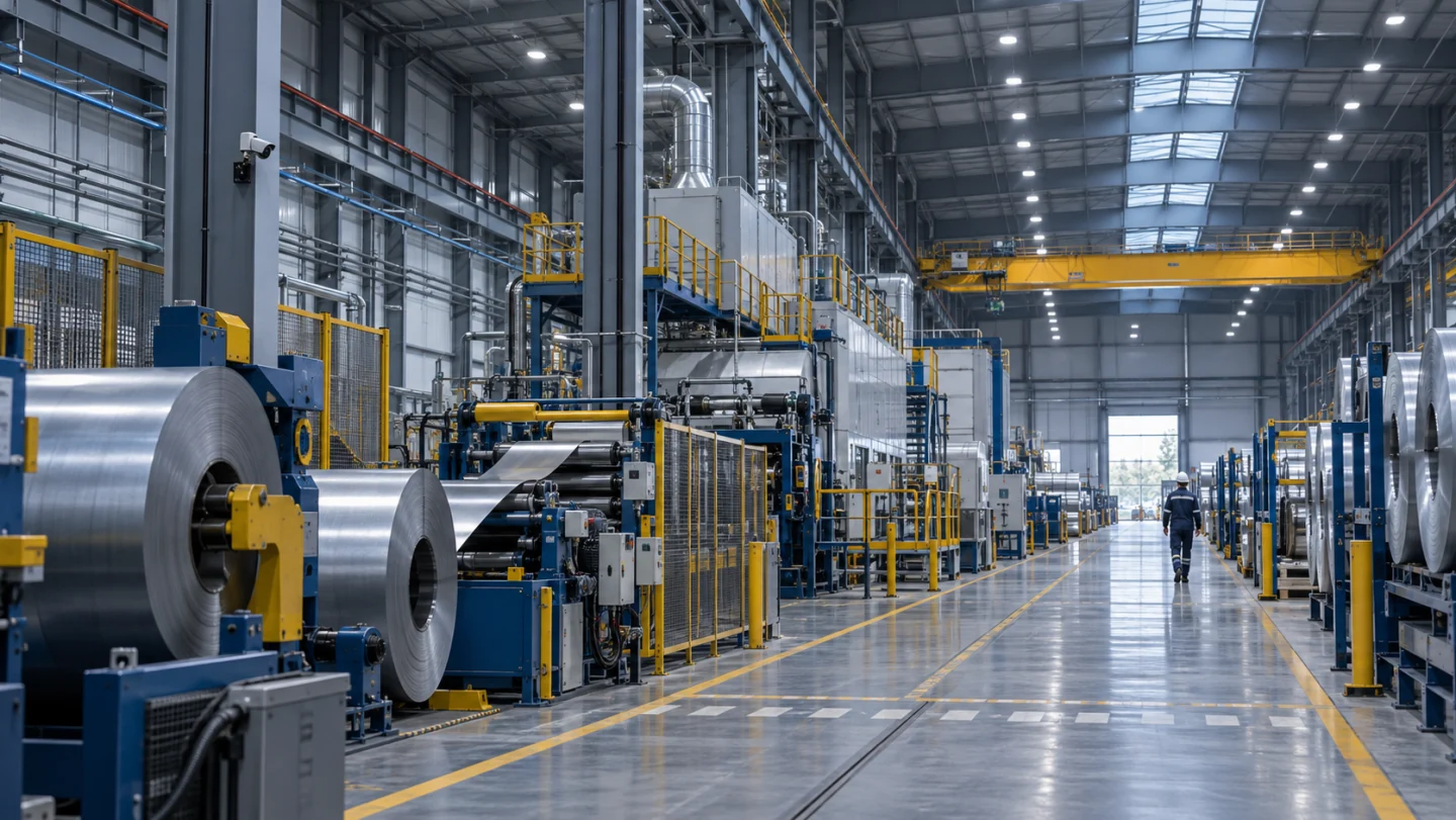 Nave industrial con líneas de producción y una red de infraestructura organizada