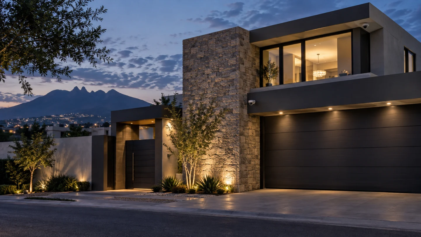 Residencia contemporánea al anochecer, con iluminación cálida y dispositivos de seguridad discretos