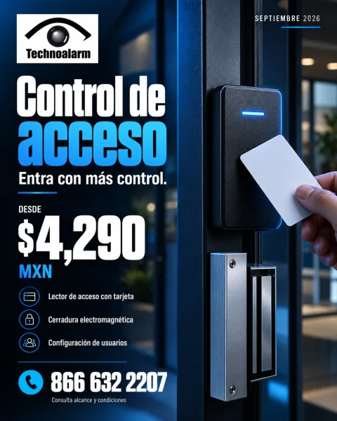 Flyer de control de acceso con lector electrónico y tarjeta, desde $4,290 MXN.