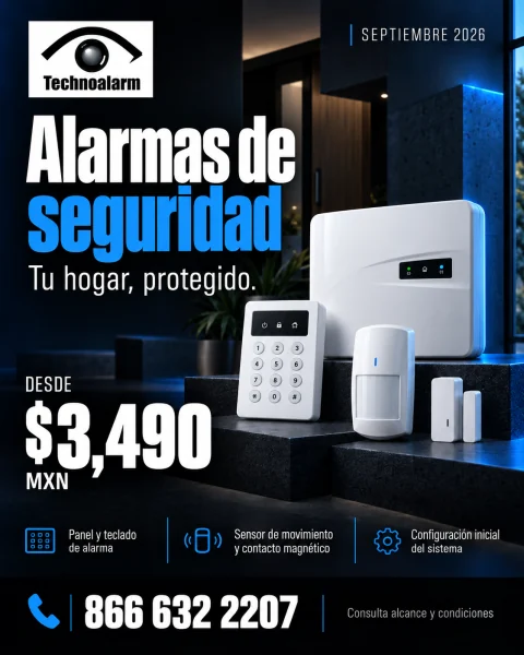 Flyer de alarma residencial con panel, teclado y sensores, desde $3,490 MXN.