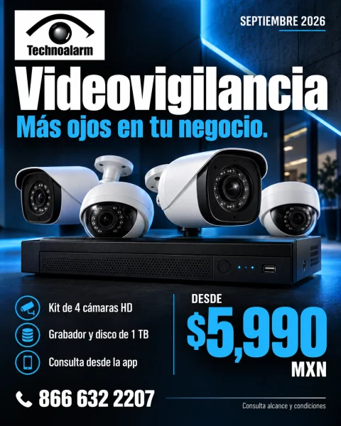 Flyer de videovigilancia con cuatro cámaras de seguridad y grabador, desde $5,990 MXN.