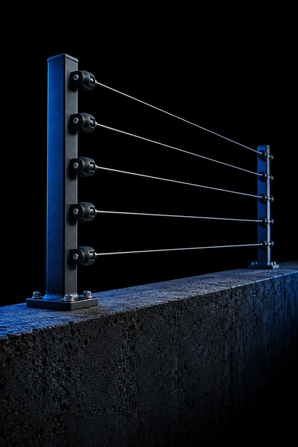 Cerca electrificada con cinco alambres y aisladores sobre un muro