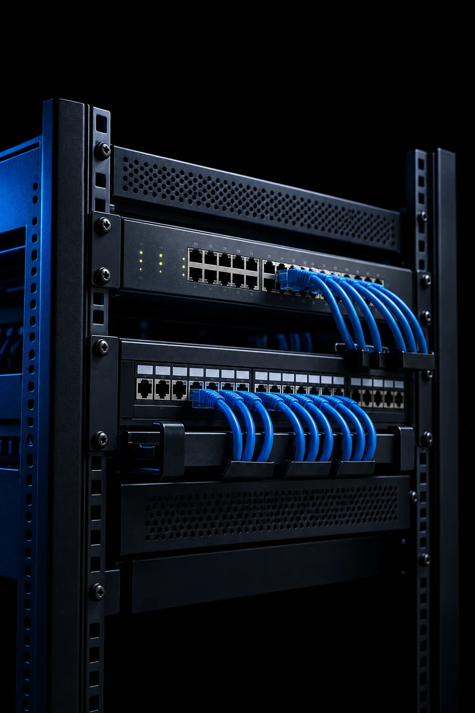 Rack de red con switch, panel de parcheo y cables azules organizados